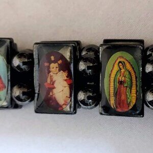 Catholic Saint Hematite Bracelet Black Beads Saint Pictures Strech